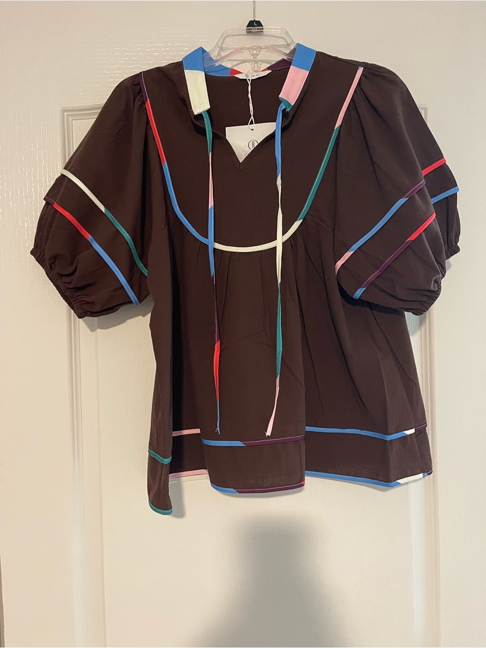Brown Puff-Sleeve Blouse with Multicolor Ribbon Trim